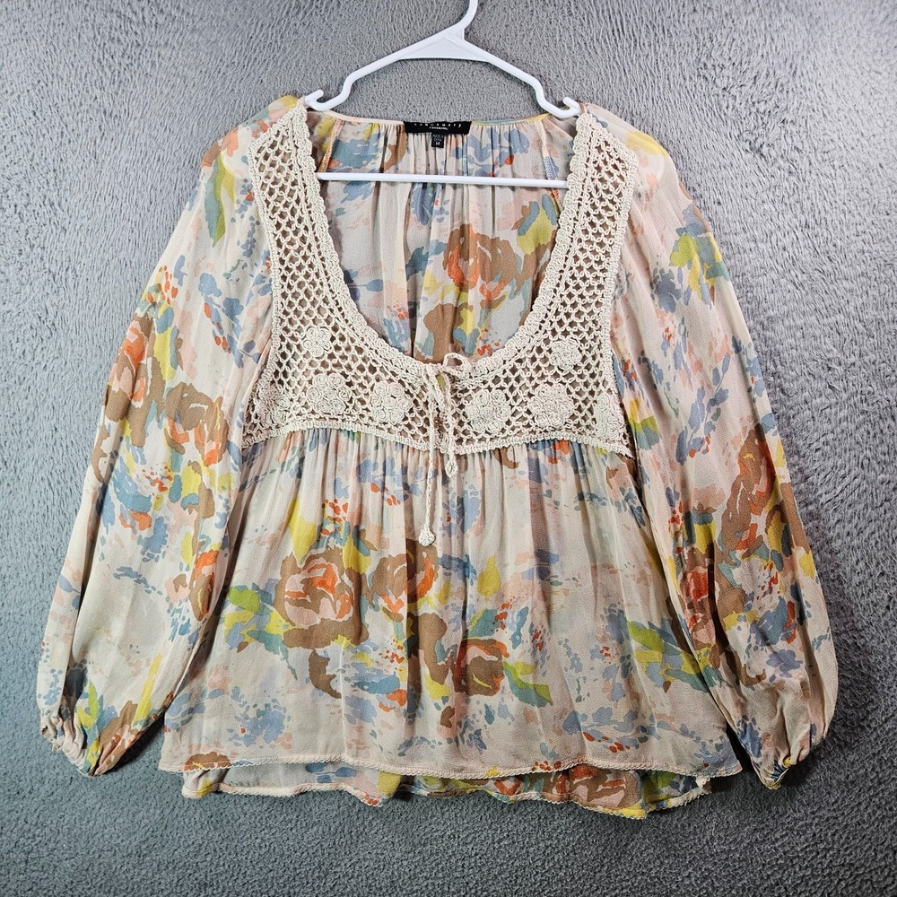 Sanctuary Floral Crochet-Trim Peasant Blouse in Cream with Pastel Floral